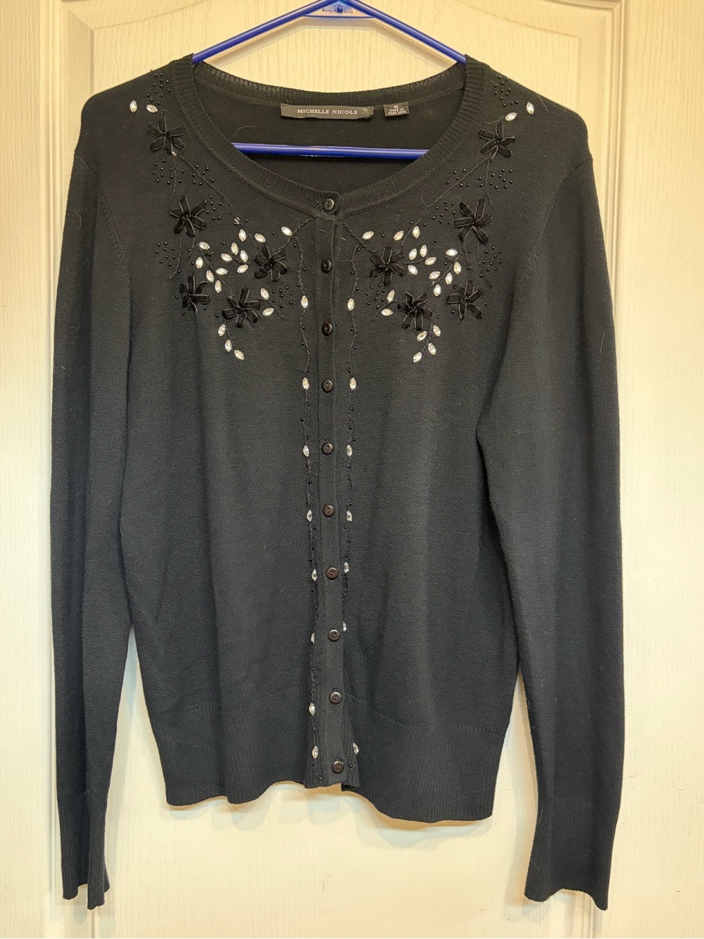 Michelle Nicole Black Floral Bead Embellished Button-Front Cardigan